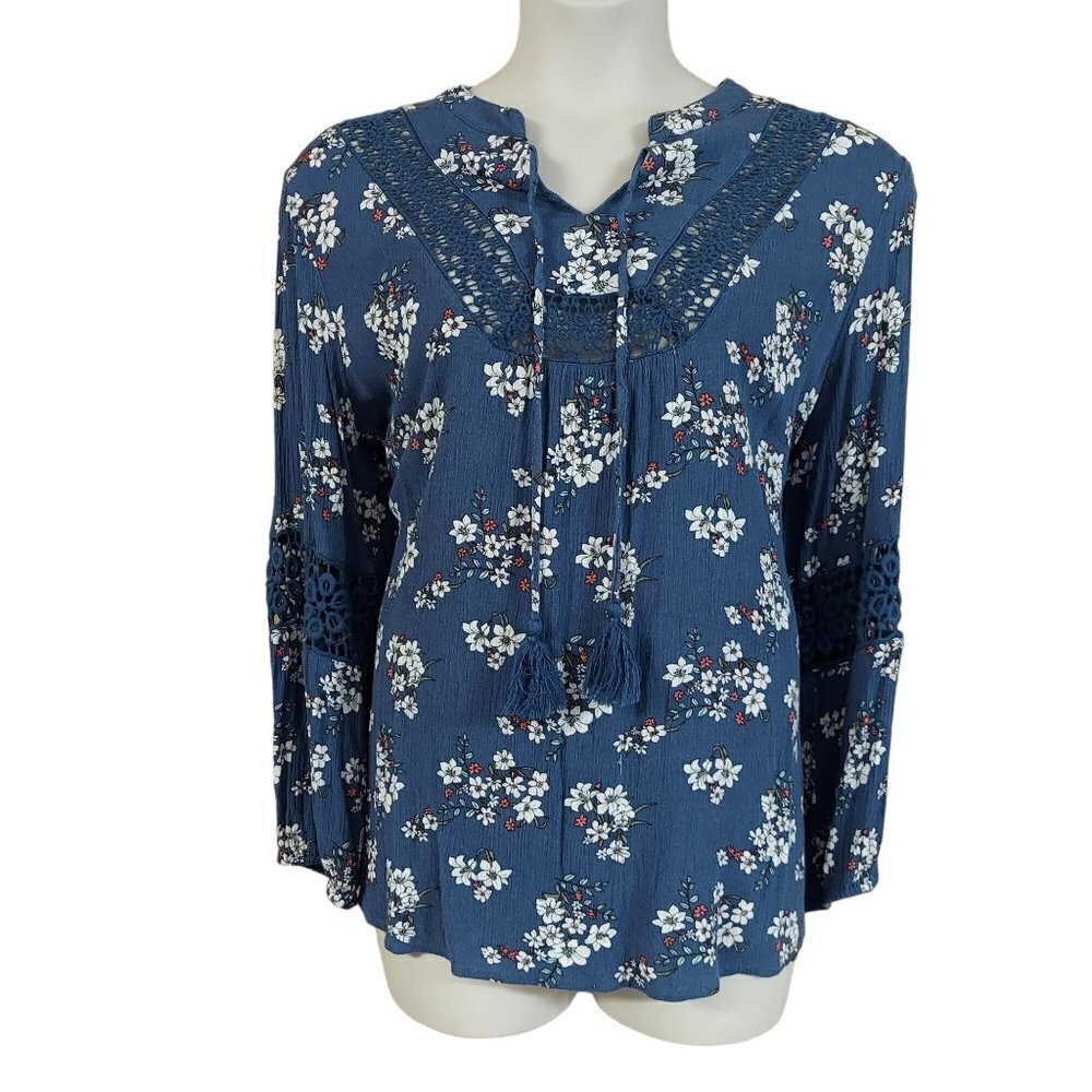 Falls Creek Women's Plus Size Floral Print Lace Detail Long Sleeve Blouse